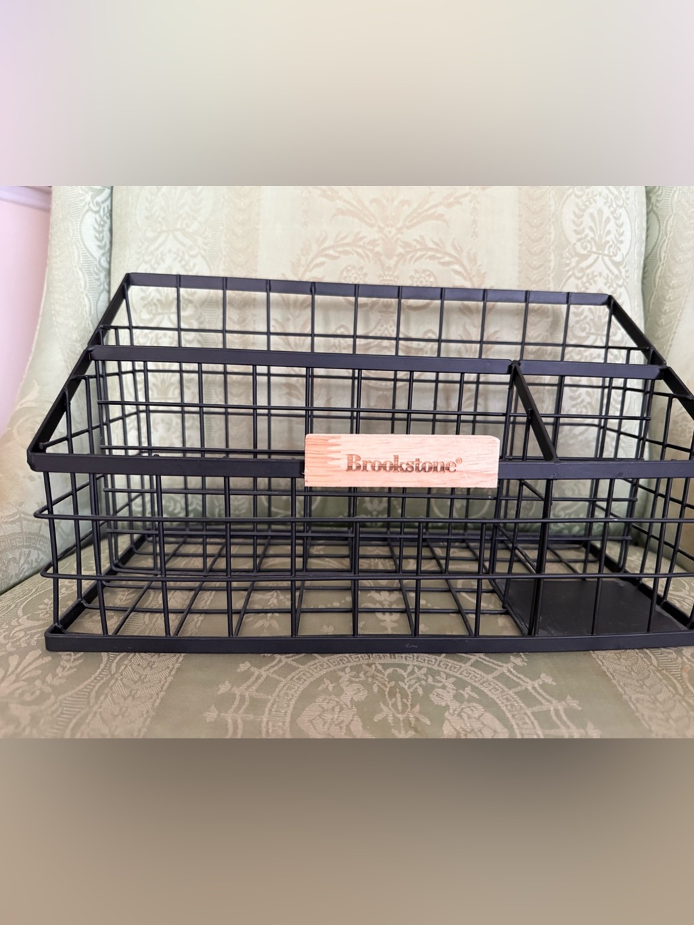 Brookstone Black Wire Grid Basket with Wooden Logo Panel desk caddy